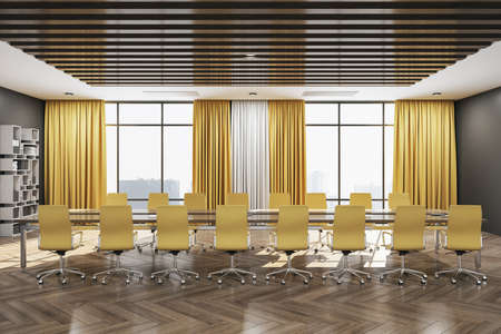 Contemporary conference room with large meeting table, yellow chair and panoramic city view. Workplace and corporate concept. 3D Renderingの写真素材