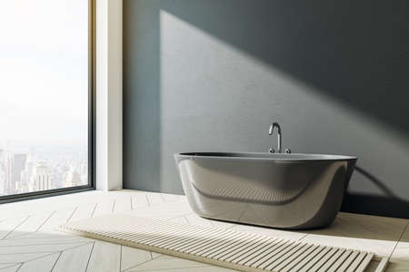 Clean bathroom with white bath and panoramic city view. Style and hygiene concept. 3D Renderingの写真素材