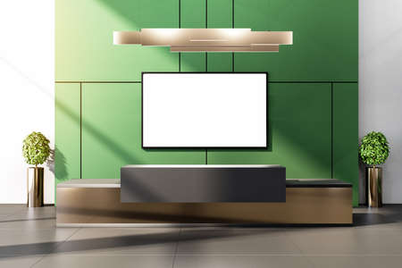 Luxury reception hall with table and banner on green wall. Lifestyle and workplace concept. 3D...
