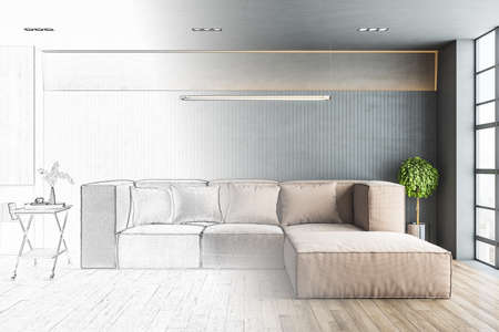 Drawing modern living interior with beige couch. Workplace and lifestyle concept. 3D Rendering