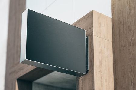 Blank black banner on building wall. Commercial and ad concept. Mock up, 3D Renderingの写真素材