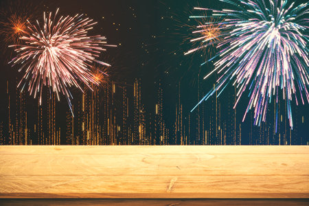 Creative background with empty wooden surface and fireworks. Holiday and beauty concept. Mock up 3D Renderingの写真素材