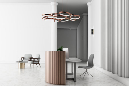 Modern hotel interior with reception table, chair with coffee table and blank white wall. Workplace and lifestyle concept. Mock up. 3D Renderingの写真素材