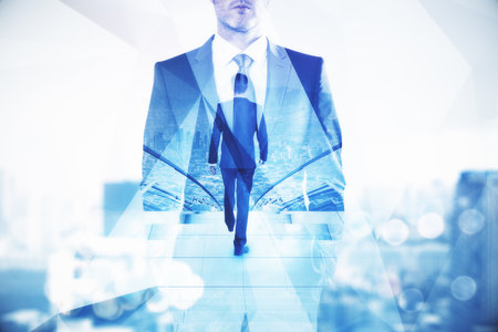 Double exposure of two businessman standing in office and walking on ladder on skyscraper background. Teamwork and communication concept.の写真素材