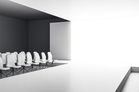 Modern empty house of fashion shows with luminous entrance. Fashion show and performance concept. Mock up. 3D Renderingの写真素材