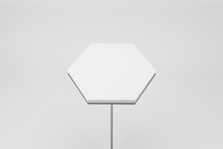 White blank hexagonal stand on gray background. Performance and presentation concept. 3D Renderingの写真素材