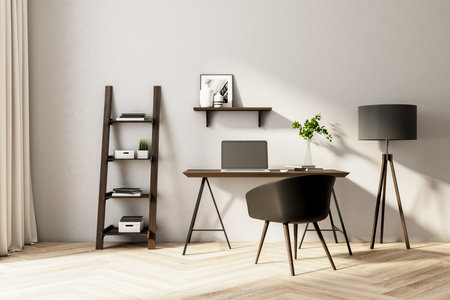 Home office with laptop on table and other supplies. Workplace and lifestyle concept. Mock up, 3D Renderingの写真素材