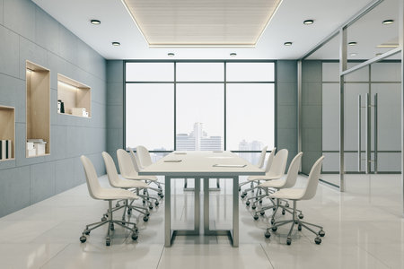 Luxury conference room with long meeting table, chairs and city view. Workplace and corporate concept. 3D Renderingの写真素材
