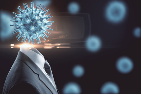 Businessman in suit with a blue coronavirus flu infection instead of a head. Coronavirus helath crisis concept.の写真素材