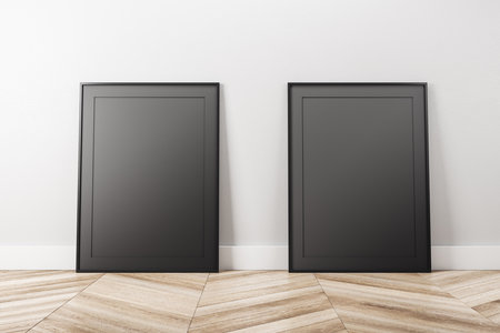 Modern interior with two empty black posters wooden floor. Gallery concept. Mock up, 3D Renderingの写真素材