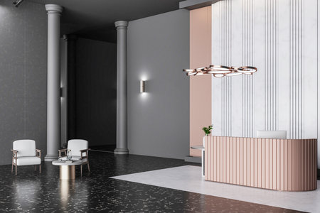 Modern reception desk in lobby interior with chair and coffee table. Workplace and lifestyle concept. 3D Renderingの写真素材