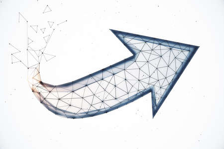 Digital polygonal arrow hologram on white background. Business and trade concept. 3D Renderingの写真素材