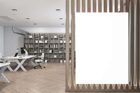 Hipster office interior with shelf with documents and blank poster on wooden wall. Workplace and...