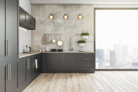 Modern wooden kitchen studio interor with city view. Design and style concept. 3D Rendering