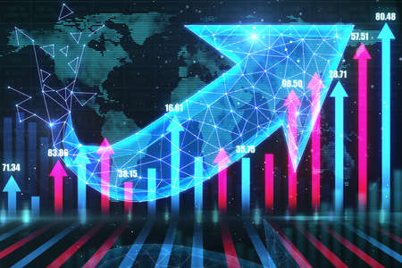 Digital world map with candlestick chart and polygonal arrow hologram. Business and trade concept. 3D Renderingの写真素材
