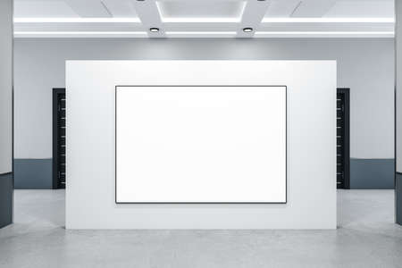 Modern concrete interior with blank banner on wall. Presentation concept. Mock up. 3D Renderingの写真素材