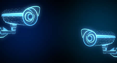 Two polygonal security camera on dark background. Technology and security concept. 3D Renderingの写真素材
