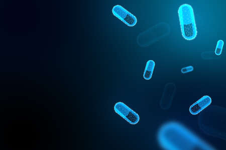 Abstract glowing polygonal capsule and pills hologram on dark background. Medicine and illness concept. Close up. 3D Renderingの写真素材