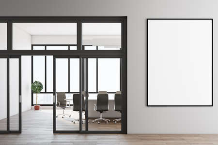 Spacious conference interior with city view and blank poster on gray wall. Workplace and...