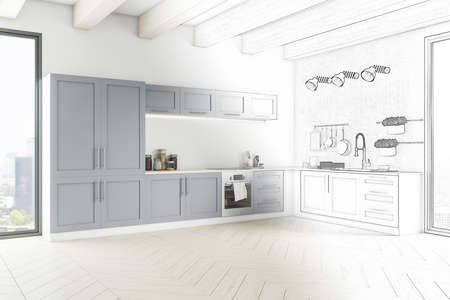 Drawing kitchen interior with furniture. Mock up. Food and drink concept. 3D Renderingの写真素材