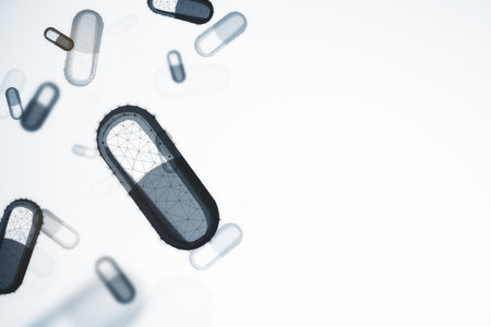 Glowing blue polygonal pills on white background. Medicine and illness concept. 3D Renderingの写真素材