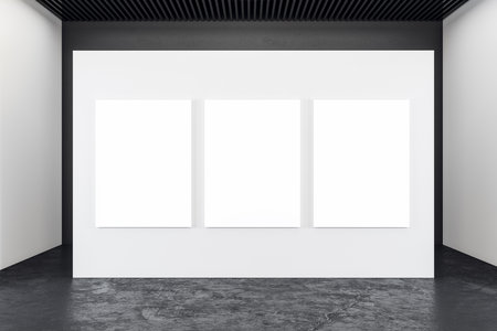 Modern concrete exhibition interior with three blank banners on wall. Presentation concept. Mock up. 3D Renderingの写真素材