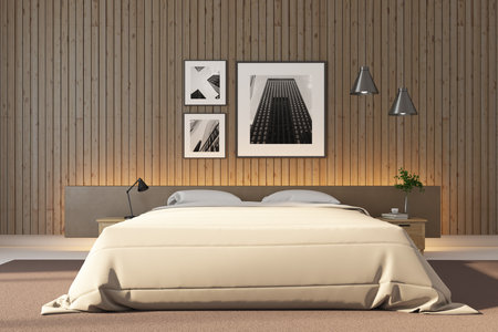 Bedroom interior with picture on wall, furniture and decorative items. Art and design concept. Mock up, 3D Renderingの写真素材