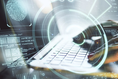 Hands using laptop with glowing finger print and data protection interface. Access, password and...