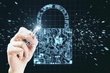 Hands drawing circuit closed lock interface on virtual screen. Business and security concept. Close...