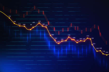 Candlestick chart of falling stock hologram on screen. Trade and finance depression concept. 3D...