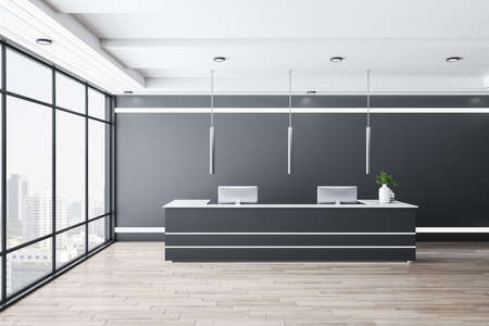 Contemporary office hall with modern reception desk, two computers and city view. Lifestyle and workplace concept. 3D Renderingの写真素材
