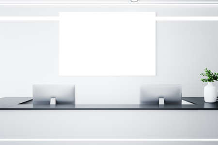 Reception desk in a corridor with blank poster on wall. Workplace and corporate concept. 3D Renderingの写真素材