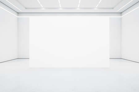 Modern white gallery interior with blank presentation wall. Art and design concept. Mock up. 3D...