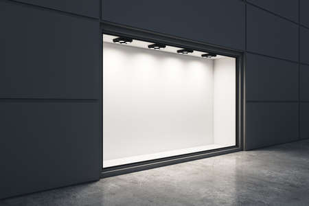 Luxury boutique with blank glass storefront and backlight lamps. Advertisement and retail concept. Mock up, 3D Renderingの写真素材