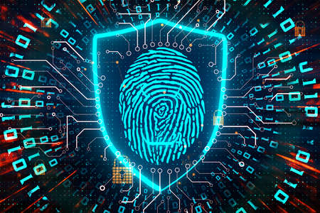 Cyber security concept with interactive fingerprint on digital screen with electrical diagram at...