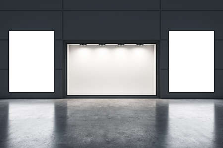 Stylish boutique with blank glass showcase and two poster on gray wall. Advertisement and retail concept. Mock up, 3D Renderingの写真素材