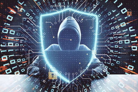 Hacking concept with faceless hacker silhouette with laptop and digital screen with abstract signs,...