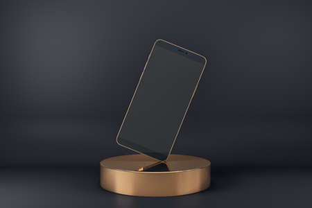 Blank black smartphone display standing on one corner on golden cylinder at abstract dark background. Realistic cell phone mockup. 3D rendering.の写真素材