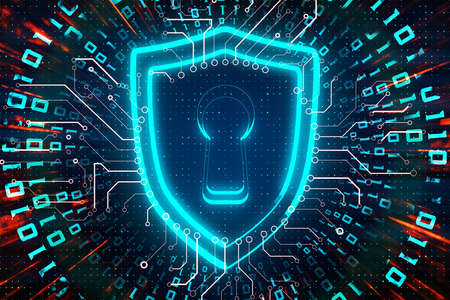 Cyber security concept with interactive keyhole on digital screen with electrical diagram at dark...