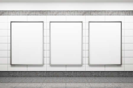 Subway station with three blank poster on white wall. Advertisement and urban concept. 3D Rendering