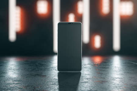Blank black cell phone screen on concrete surface at blurry night lights background. Mockup. 3D...