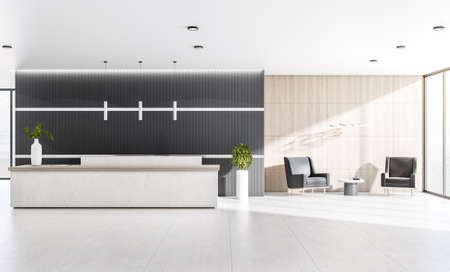 Modern sunny office with cozy waiting area with black chairs, marble reception desk and floor, dark wall and lights from top. 3D renderingの写真素材