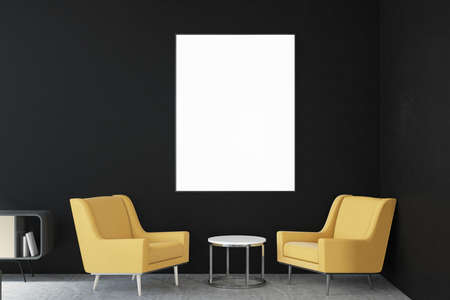 Blank white poster on black wall above waiting area with two chairs and coffee table. Mockup. 3D renderingの写真素材
