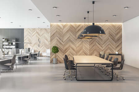 Spacious coworking office with wooden conference table, wall and light gray furniture. Eco style interior. 3D renderingの写真素材