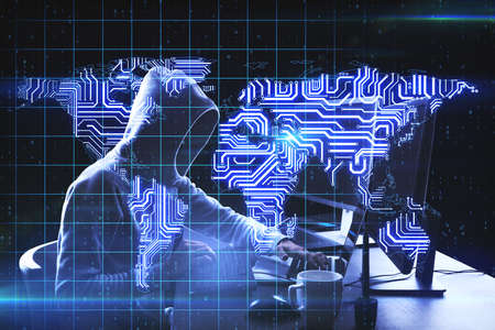 Global hacker attack concept with coding noface hacker and digital microchip world map scheme at...
