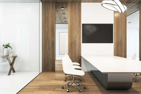 Blank black tv display on white wall in eco style conference room with white furniture and wooden...