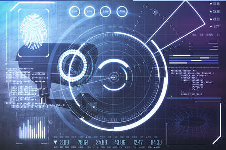 Biometric security and innovation technology concept with CCTV camera on dark wall and digital...
