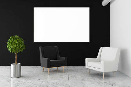 Blank white poster on dark wall in stylish waiting area with black and white armchairs on marble...