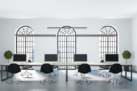 Light spacious coworking space with row of seats and table, arched windows and modern furniture. 3D...