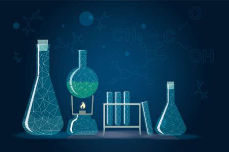 Education and science concept with glass flasks and test tubes illustration at chemical formulas...